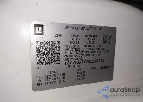 2020 Chevrolet Express G2500 из США, поврежденный, VIN 1GCWGAFG0L1229714